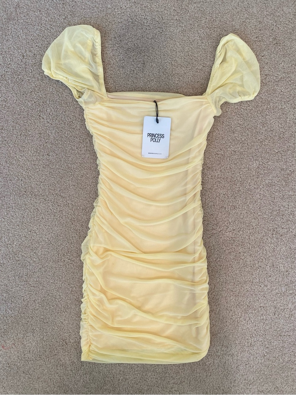 Princess Polly Charvi Yellow Ruched Puff Sleeve Square Neck Mini Dress Size 2